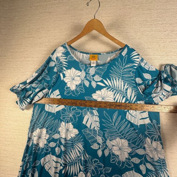 Ruby Rd. Woman 2X Blue/teal & White Tropical Floral Stretchy Pullover Midi Dress - Picture 7 of 11